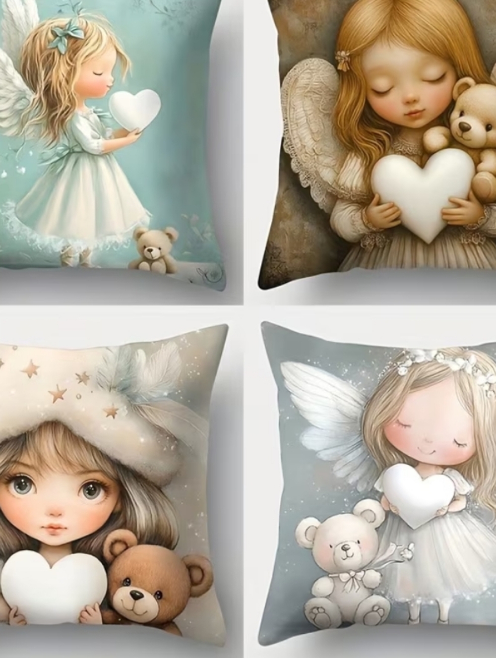 4 PCs. Whimsical Angel Heart Accent Pillow - Soft Blue and Cream